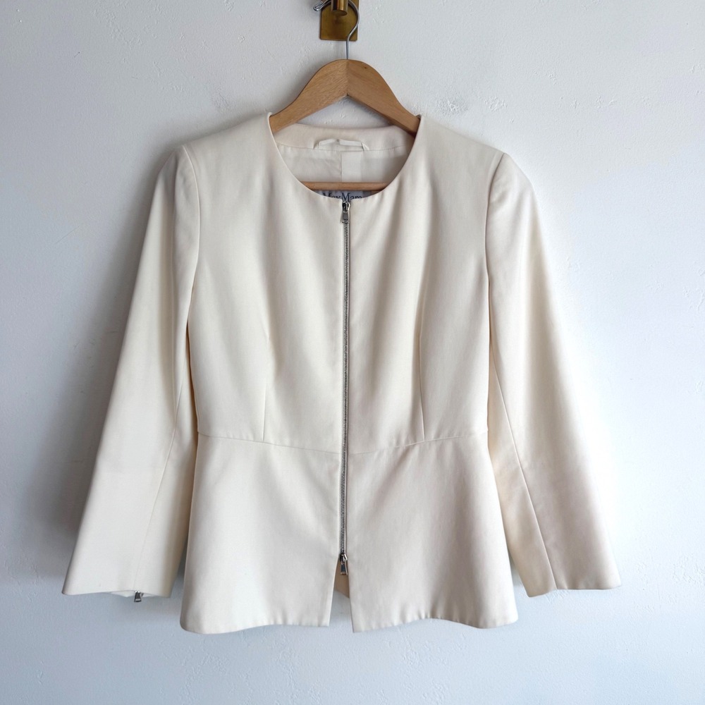 Max Mara Peplum Jacket 6 Ivory Cotton Full Zip Made Italy Quiet Luxury Designer